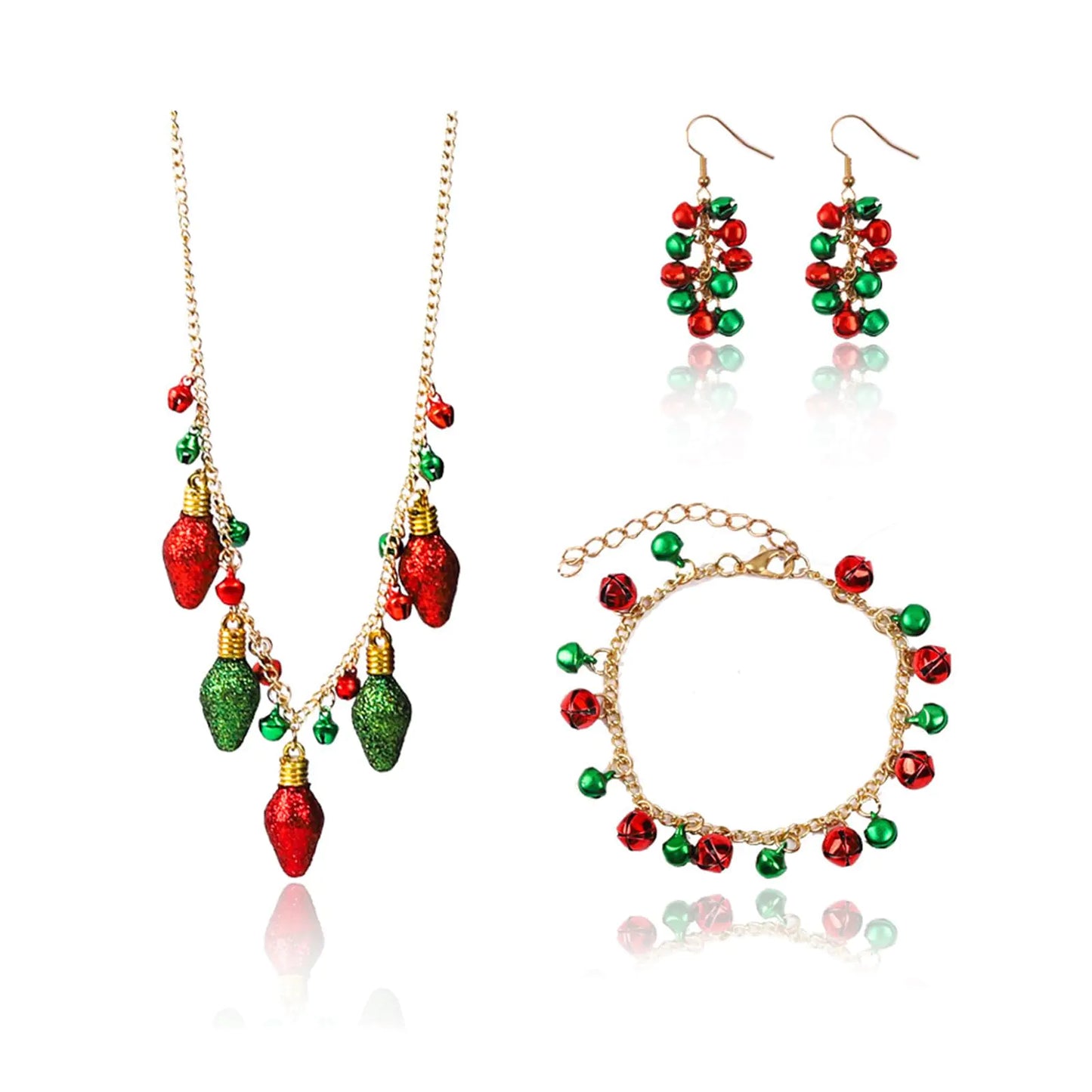 Christmas Necklace Earrings Set. Jingle Bell Necklace & Christmas Bow Earrings, Red Green Beaded Christmas Stocking Stuffers