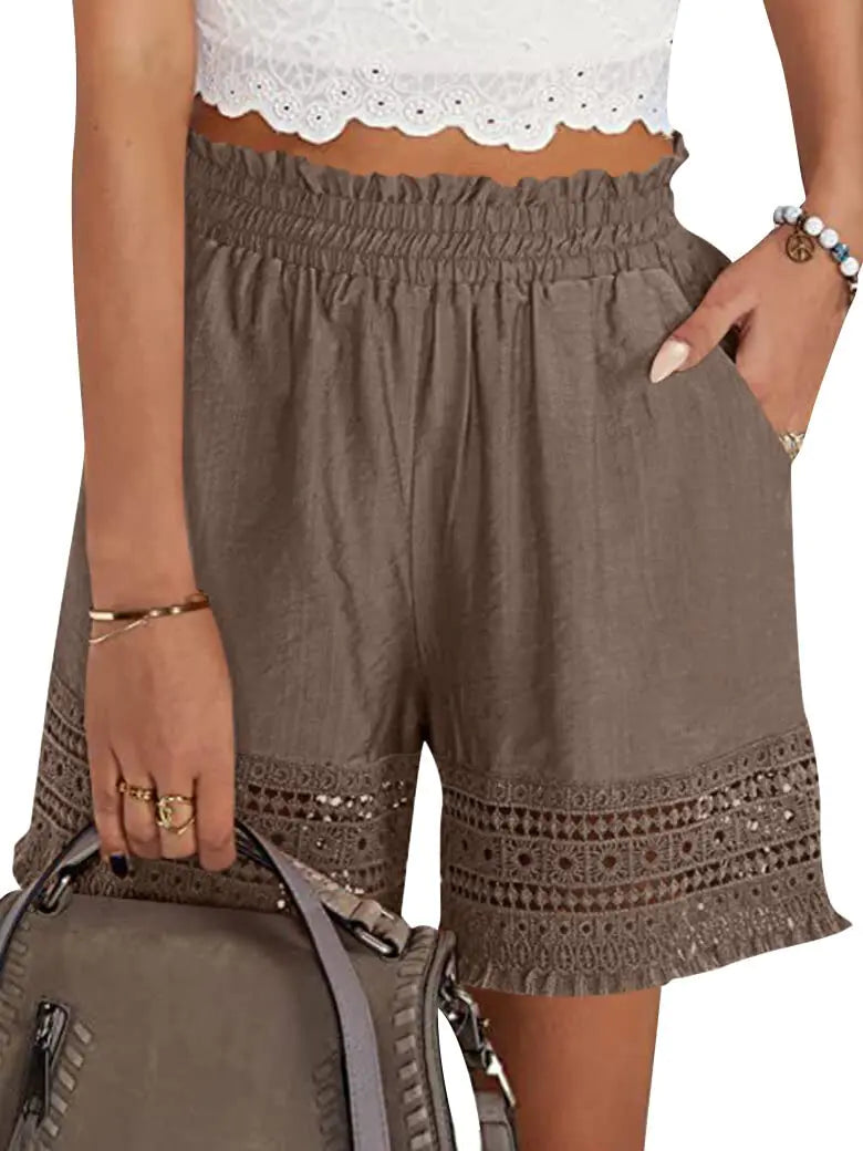Women Shorts. Casual Elastic Waist Yoga Lounge Shorts, Comfy Stretch Lace Trim Summer Beach Linen Ruffle Shorts