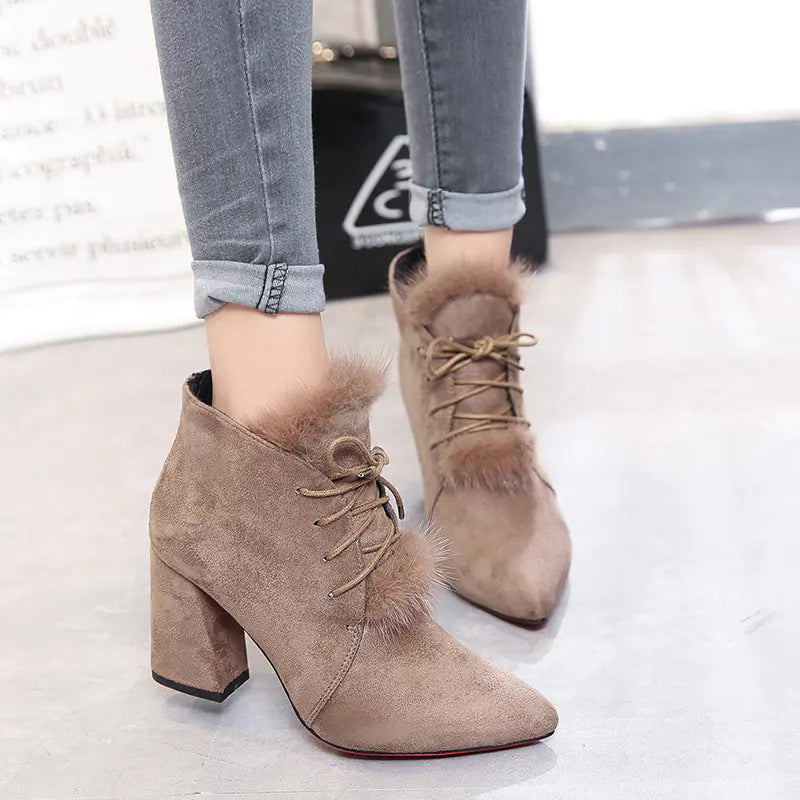 Women's Suede Low-Cut Pointed Toe Block Heels