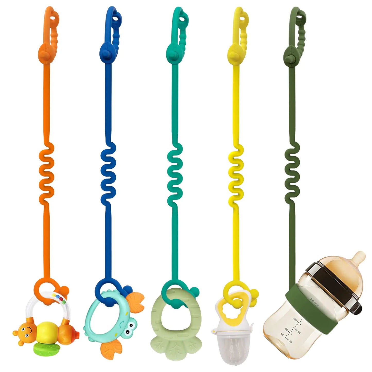 Baby Toy Straps – 5 Pack Adjustable Silicone Toy Straps and Sippy Cup Straps. For Strollers, High Chairs Cribs, Car Seats. Food Grade Silicone BPA Free Multi Colors