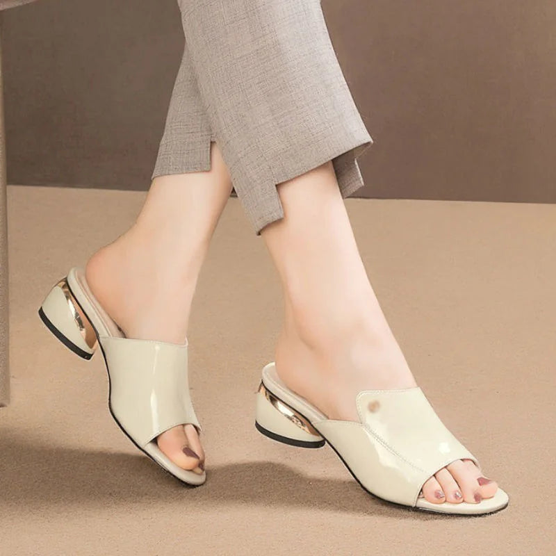 Comfortable Red PU Leather Heels Slides for Women