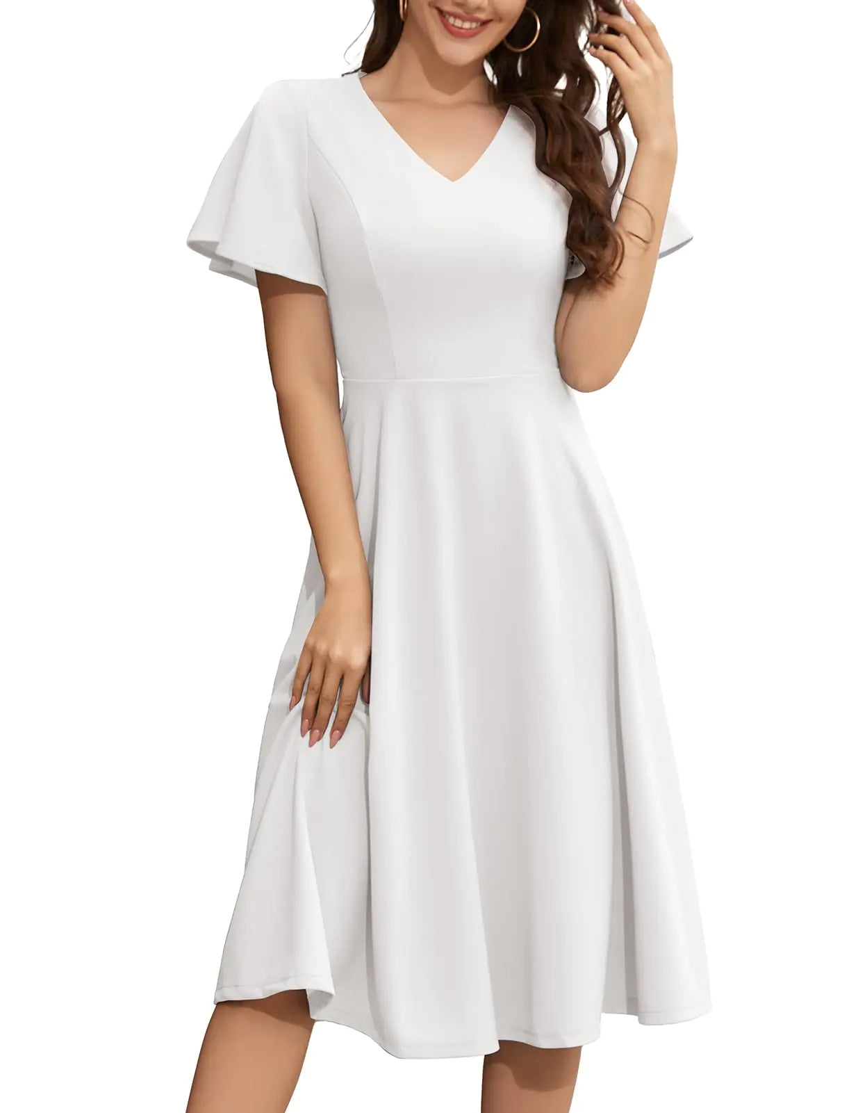 Elegant Flared Sleeve Tea Party Dresses for Women. White Medium Size