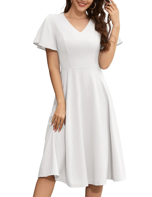 Elegant Flared Sleeve Tea Party Dresses for Women. White Medium Size