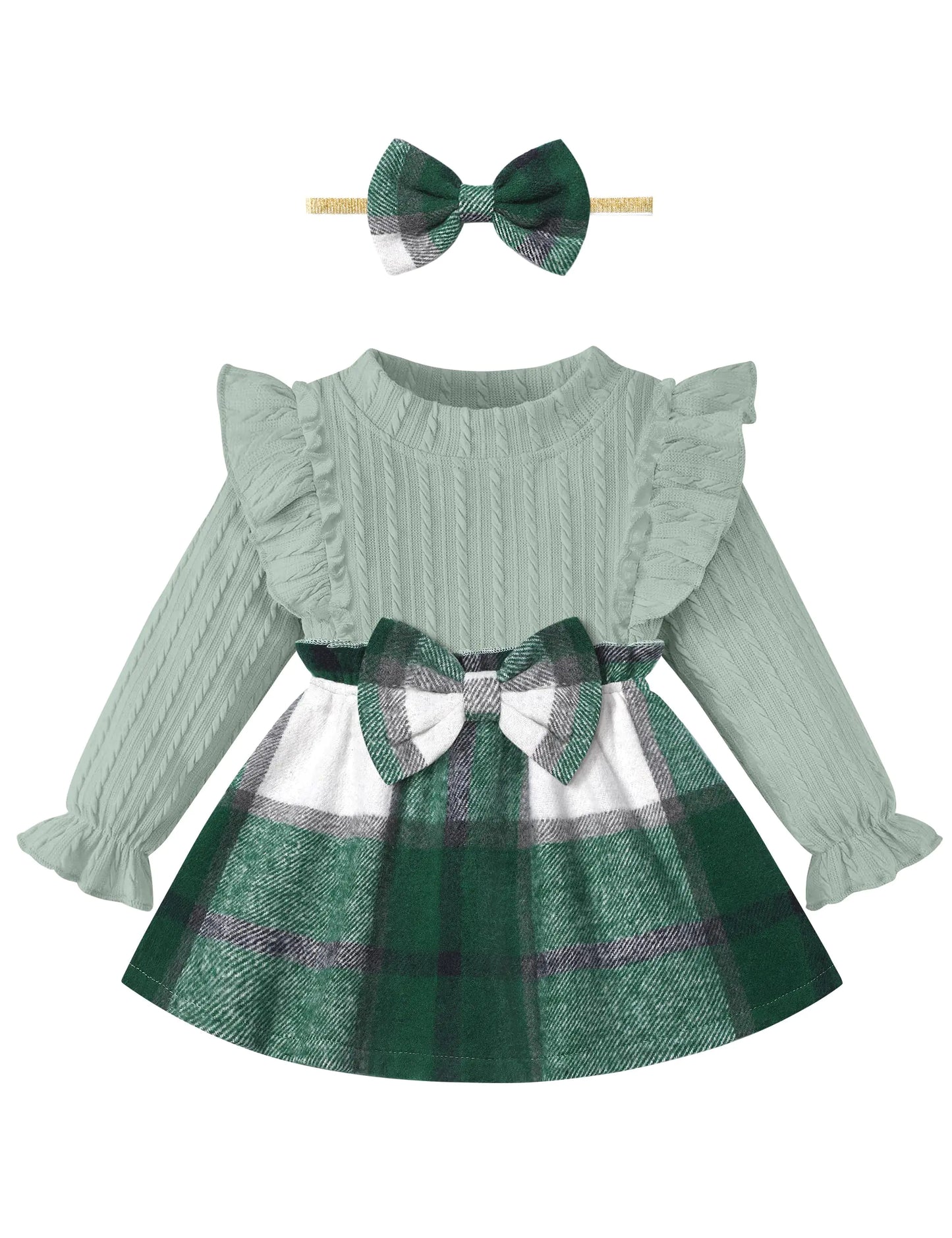 Baby Girl Clothes, 6-12 Months Baby Girl Long Sleeve Green Plaid Dress. Ribbed Ruffle Infant Dress