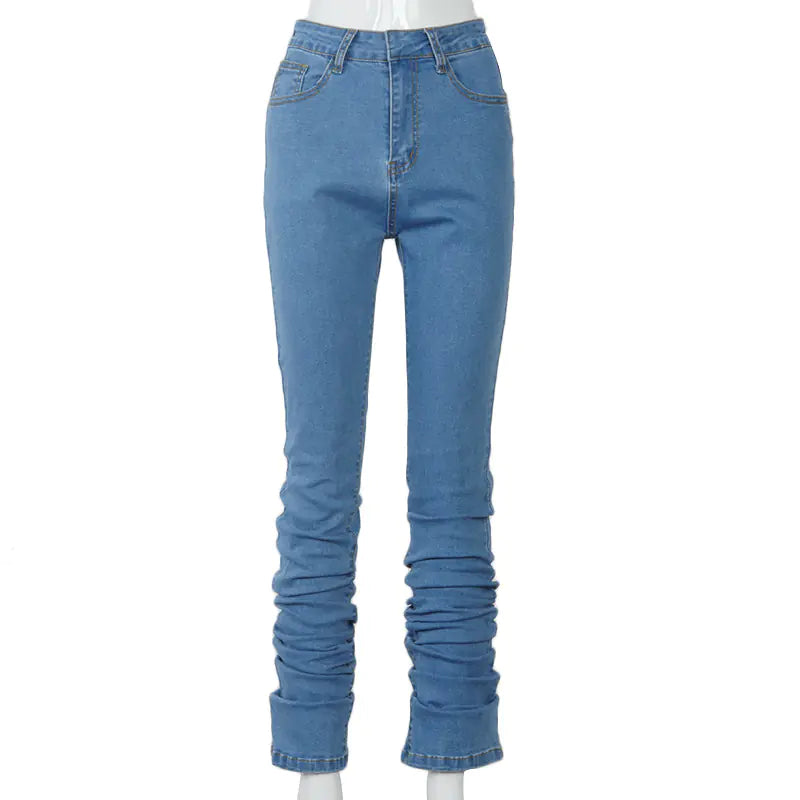 Ruched Denim Blue High Waist Stacked Pants for Women