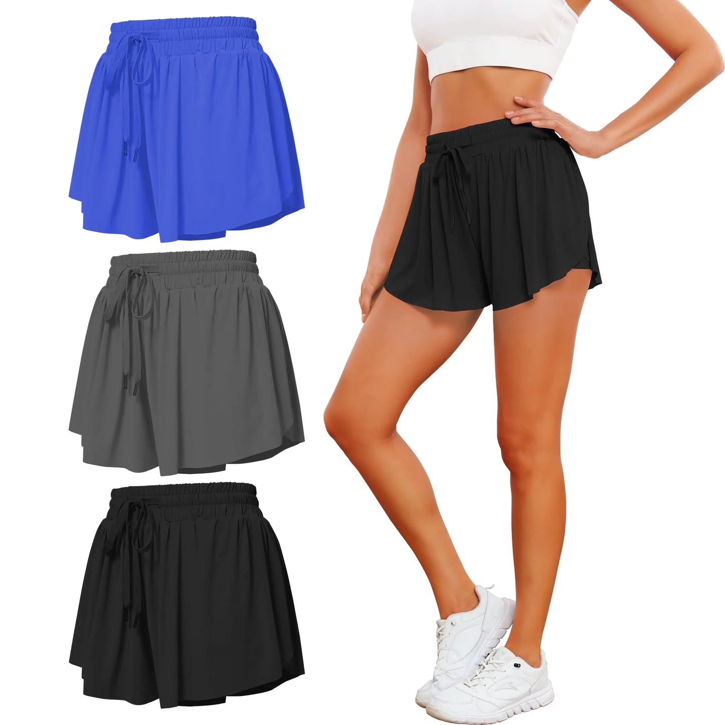 2 in 1 Flowy Athletic Shorts for Women. Gym Double Layer Butterfly Women Shorts 3 Pack
