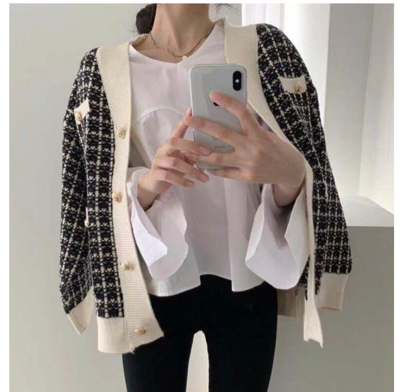 Women's Knitted Plaid Cardigan Jacket - Loose Fit