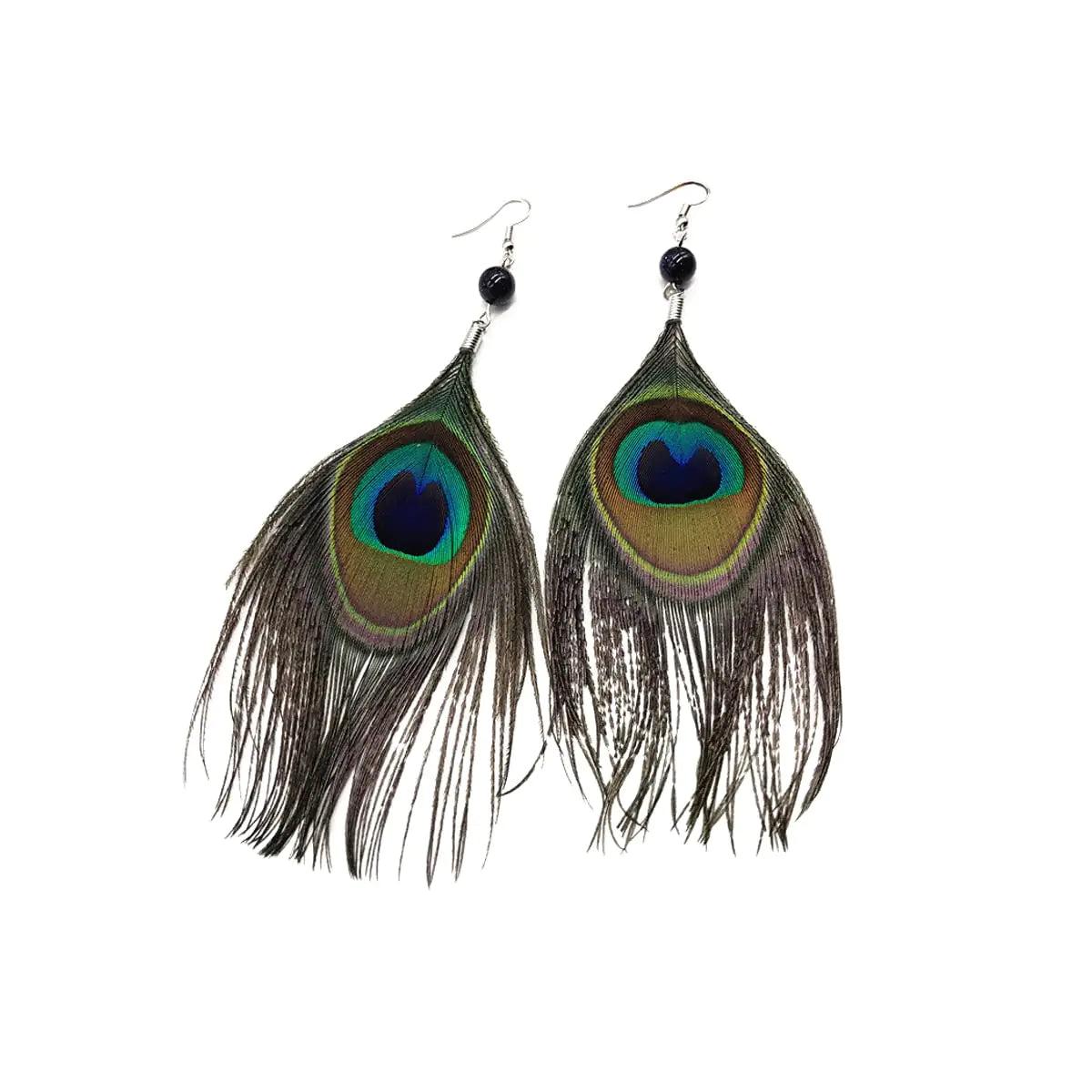 Bohemian Peacock Plume Earrings. Feather Ear Drop Dangle, Lightweight Boho large Earrings for Women-C bead