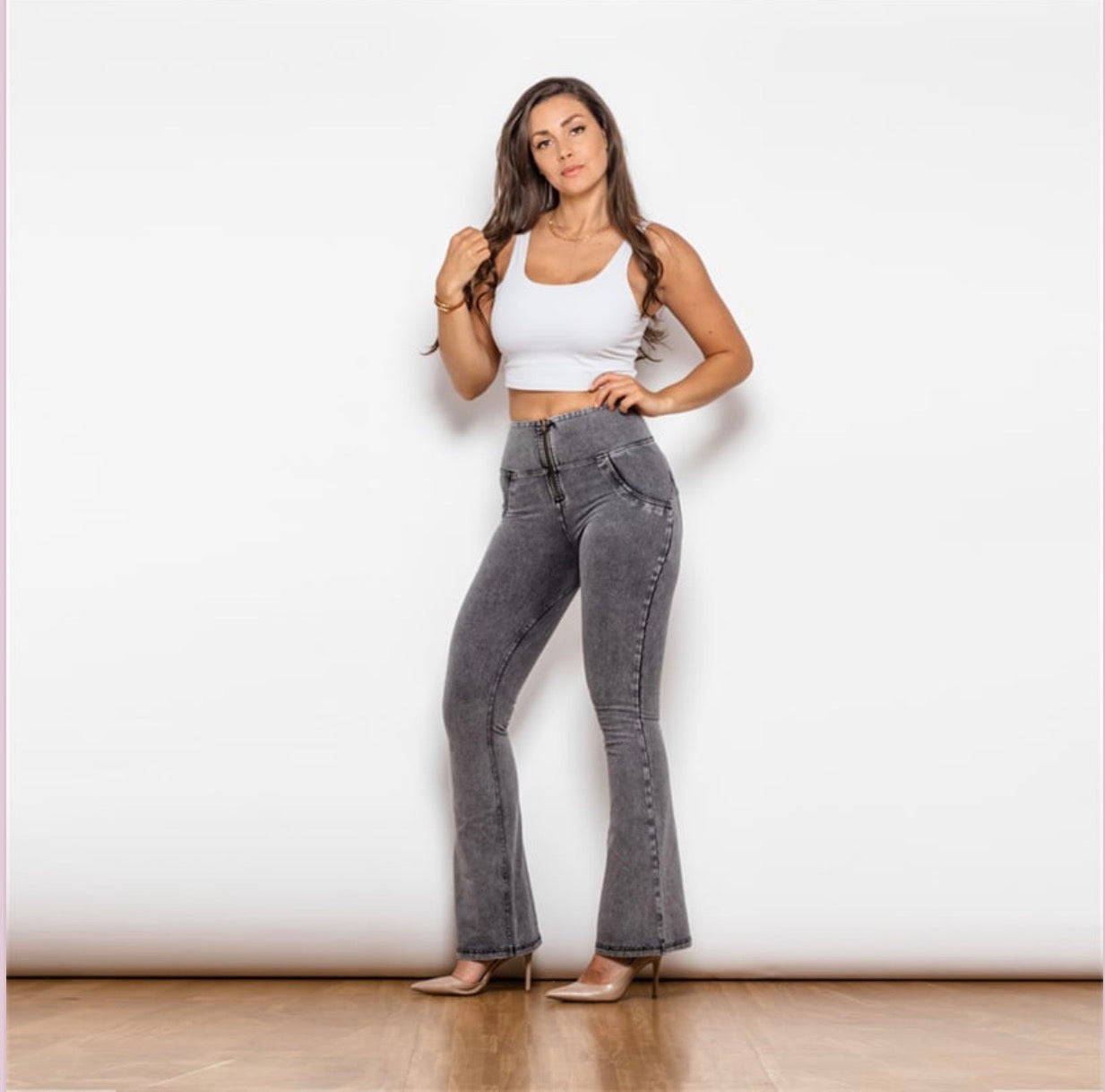 High Waist Grey Flared Pants for Women