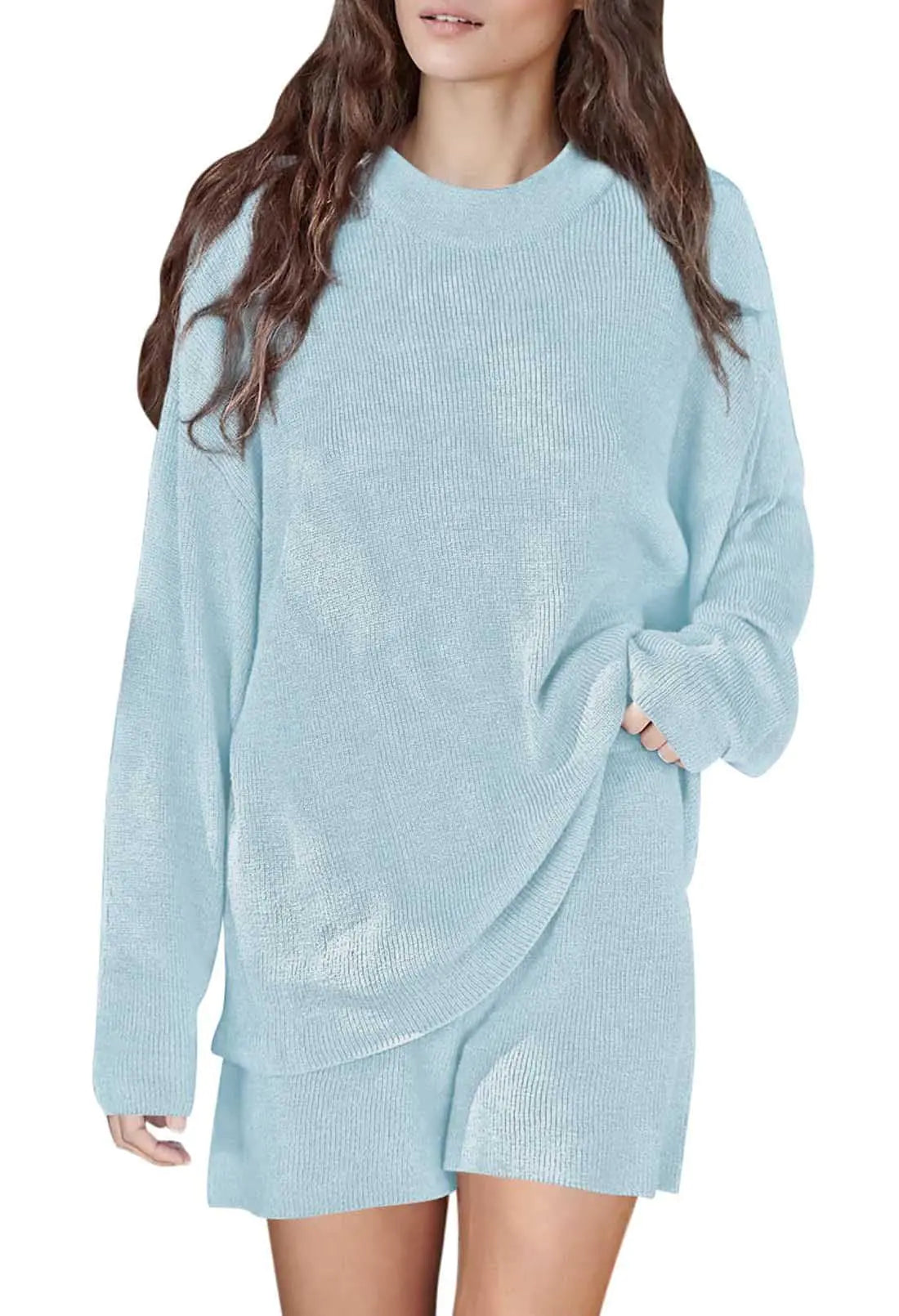 Matching Pajamas Set Womens 2 Piece. Lounge Long Sleeve Sweater Top and Shorts