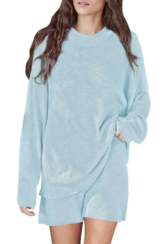 Matching Pajamas Set Womens 2 Piece. Lounge Long Sleeve Sweater Top and Shorts