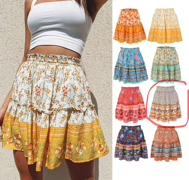 Floral Ruffled Hem Short Skirt with Patchwork Design