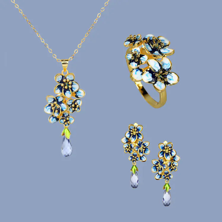 Three-Piece Ring Set with Water Drop Gem Necklace & Earrings