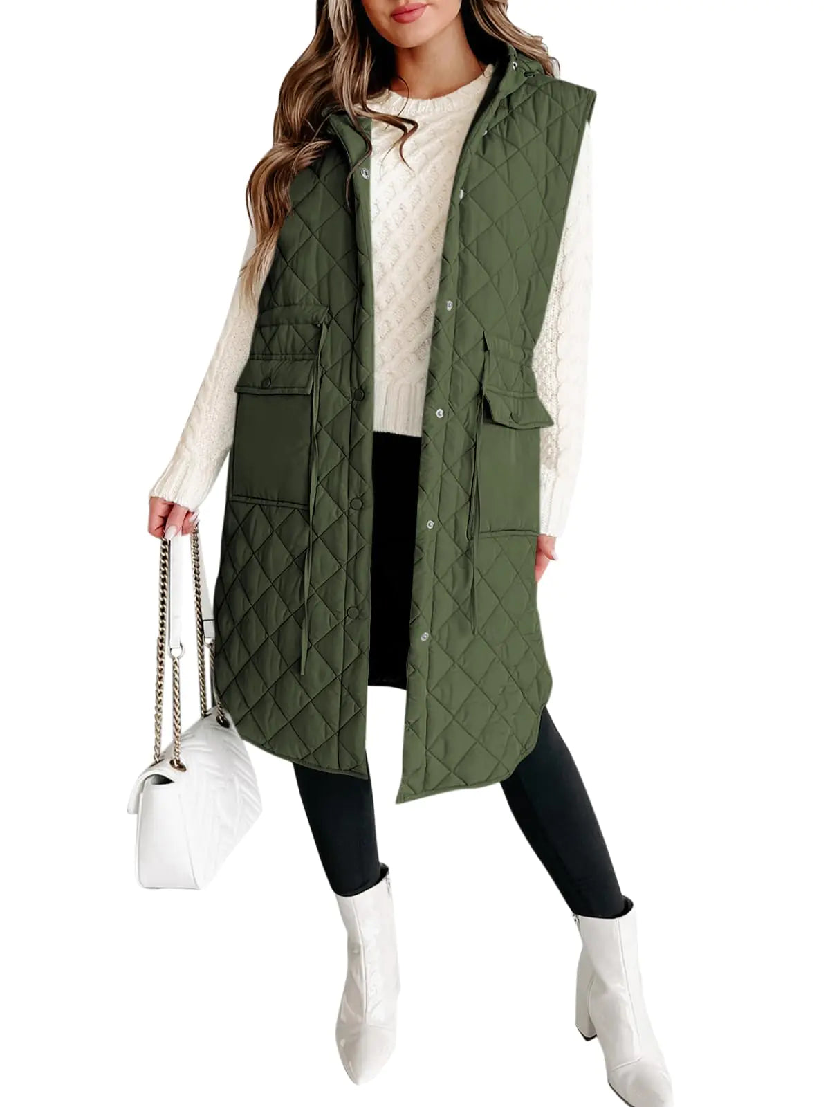 Womens Long Puffer Vest. Sleeveless Hood Quilted Winter Outwear, Warm Jackets Coats