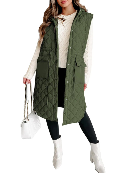 Womens Long Puffer Vest. Sleeveless Hood Quilted Winter Outwear, Warm Jackets Coats