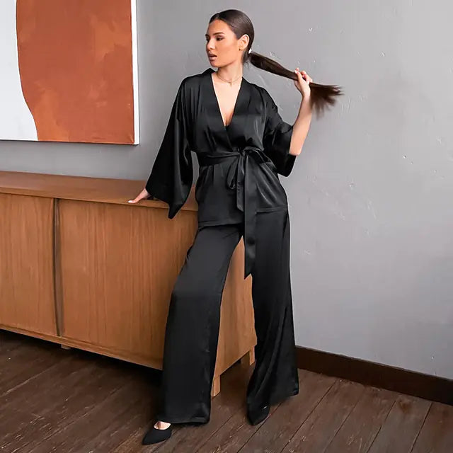Solid Women’s Satin 2-Piece Pajama Set with Sashes