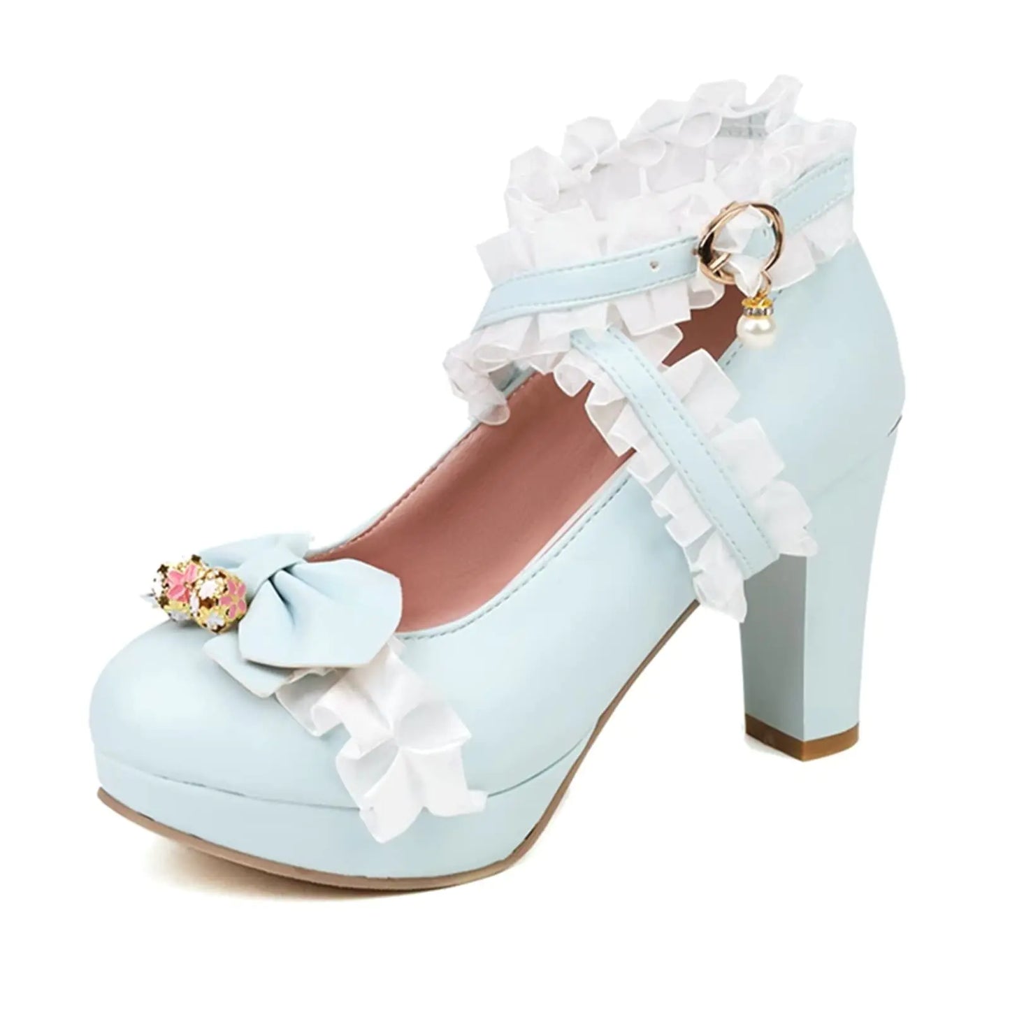 Platform Ankle Strap Pumps with Bow. Block High Heels, Lace Round Toe Kawaii Shoes