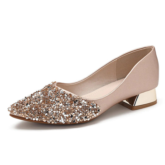 Gold Womens Pumps Shoes with Rhinestones. Closed Toe Chunky Heels, Comfortable Work Pumps
