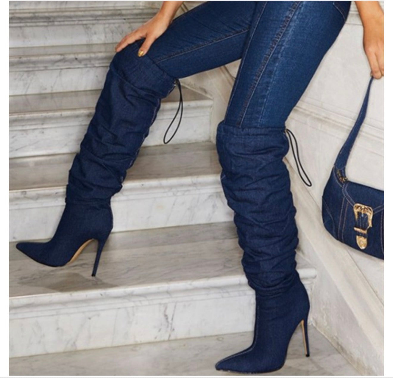 Fashionable Long Denim Stiletto Boots for Women