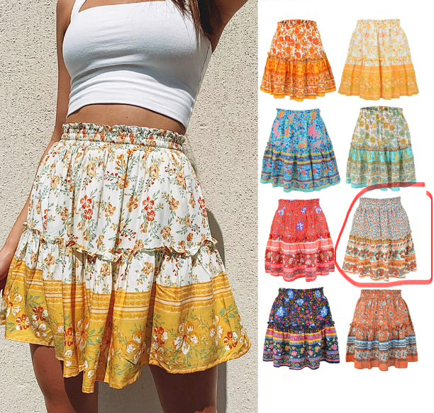 Floral Ruffled Hem Short Skirt with Patchwork Design