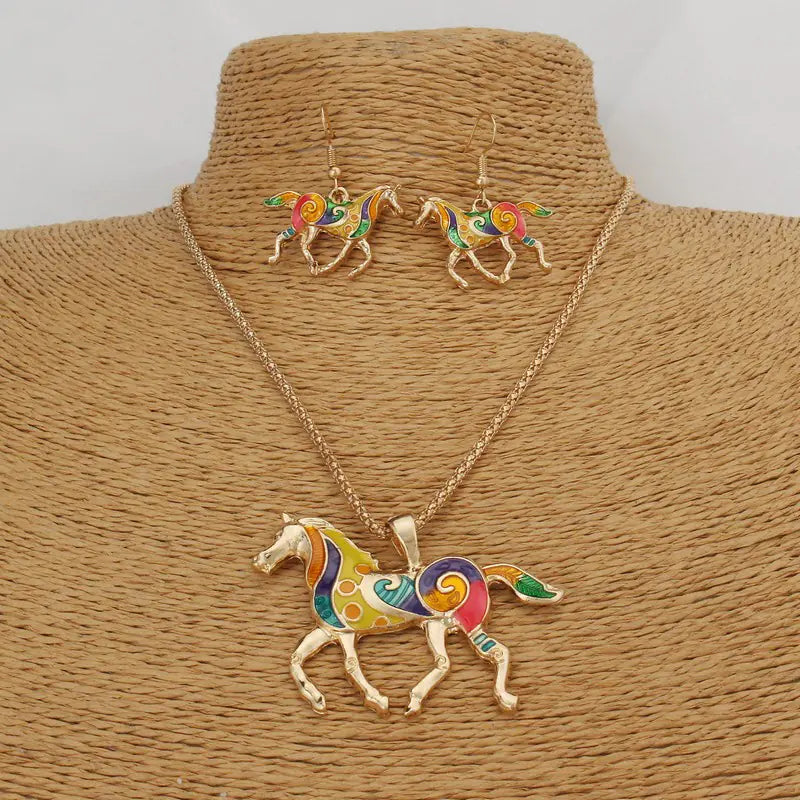 Fashionable Drip Oil Rainbow Horse Jewelry Set for Women