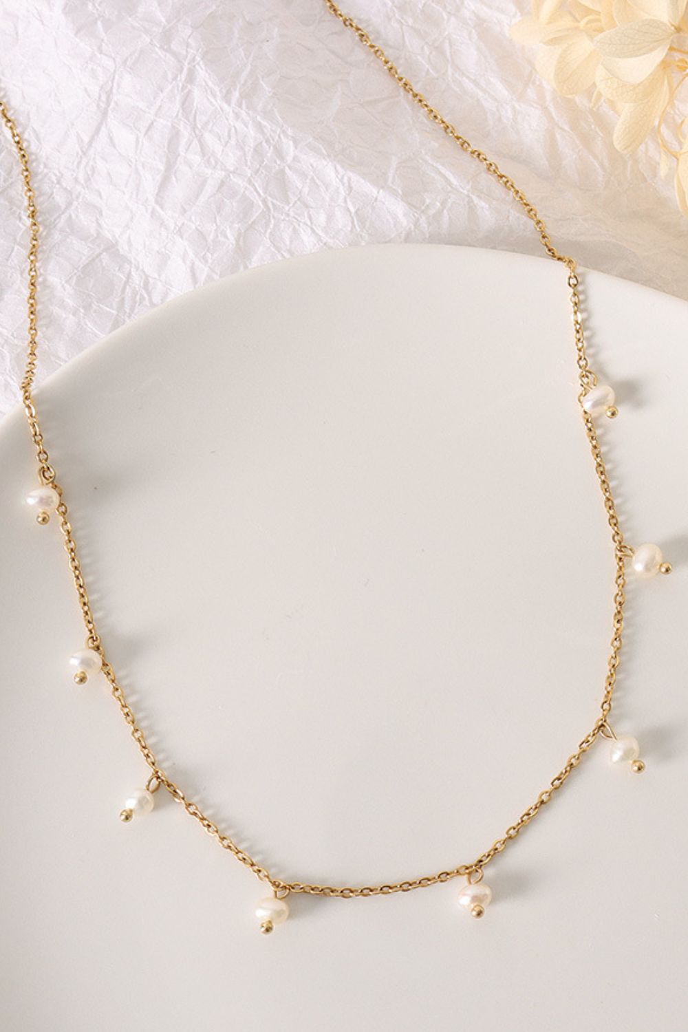 Pearl Titanium Steel Plated 18K Real Gold Colorfast Pearl Starry Necklace