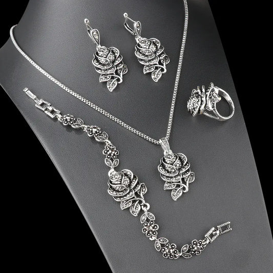 Grey Crystal Steel Jewelry Set: Necklace, Bracelet, Ring, Earrings
