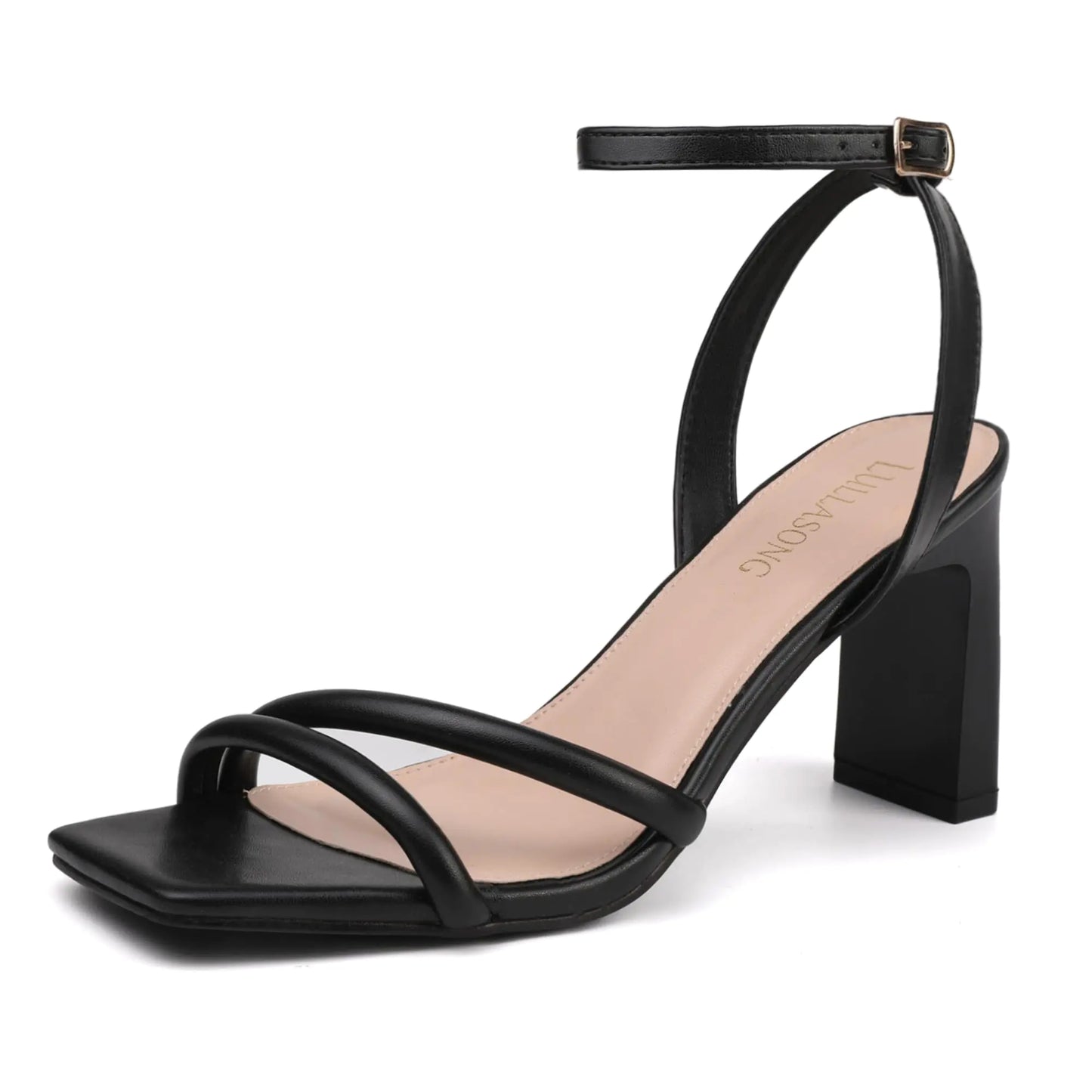 Black Strappy Sandals. Square Open Toe Chunky heels, Ankle Buckle Pump Shoes. Sexy Dress Party Shoes