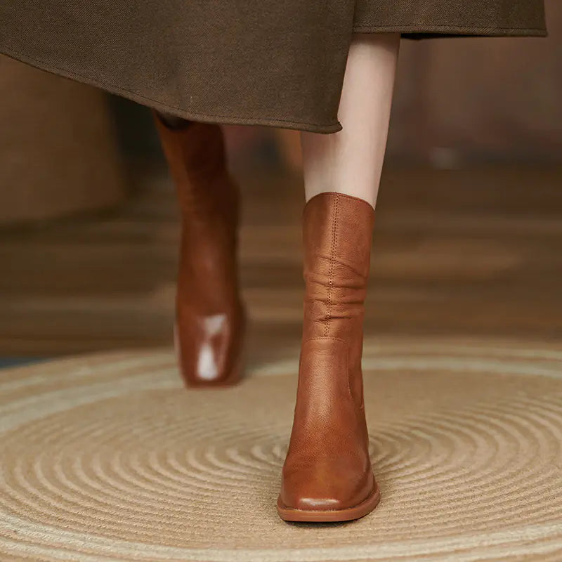 Vintage Leather Ankle Boots with Chunky Heels