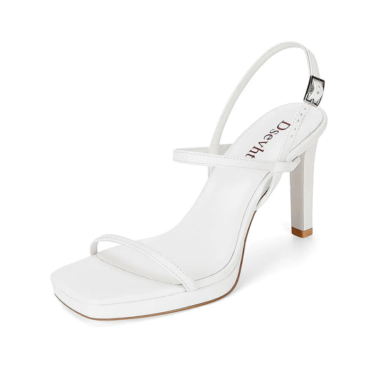 White Platform Strappy Heels. Sexy Stiletto Square Open Toe Metallic Sandals, Wedding Shoes