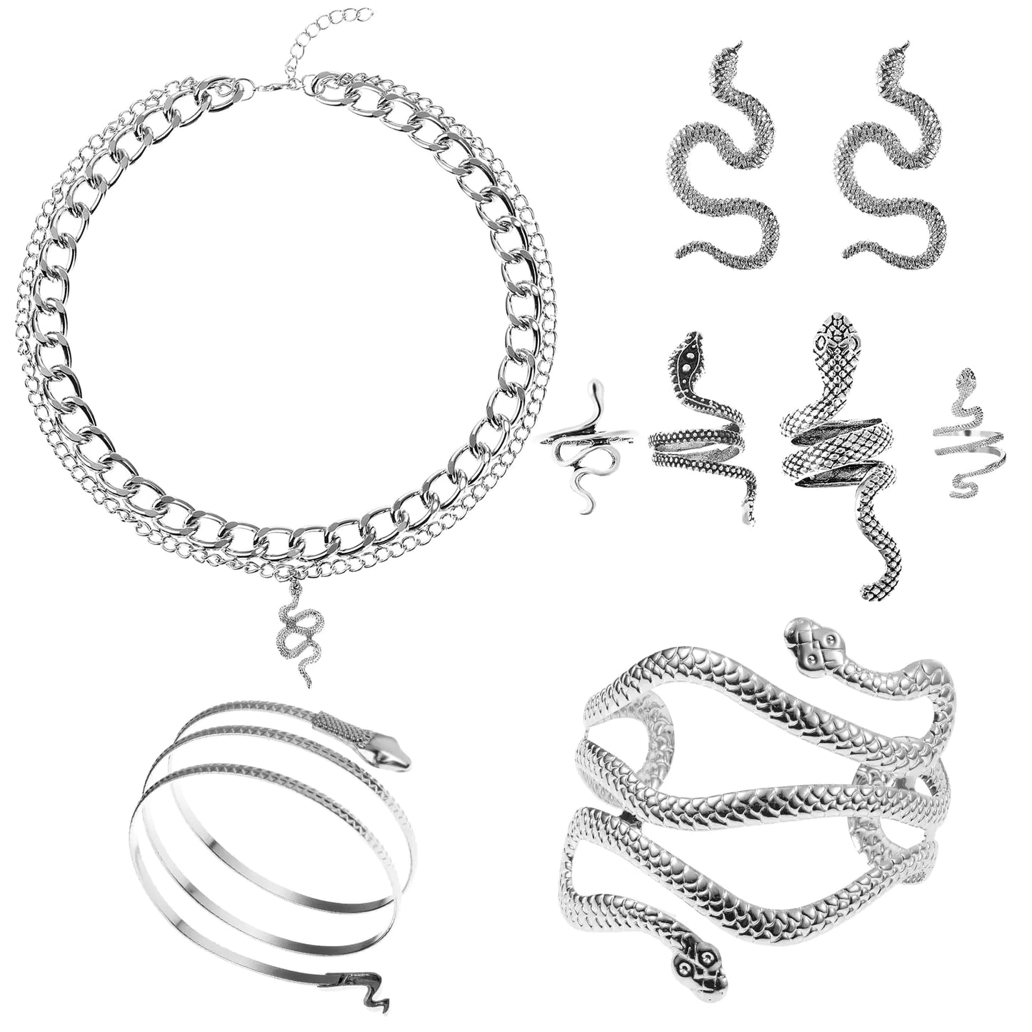 8 Pcs Snake Jewelry. Egypt Style Snake Necklace, Earrings, Armband Bracelet and Rings.