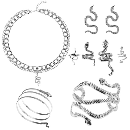 8 Pcs Snake Jewelry. Egypt Style Snake Necklace, Earrings, Armband Bracelet and Rings.