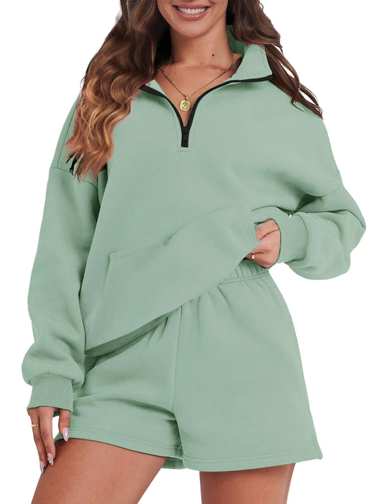 Womens Sweatsuits 2 Piece Outfits. Half Zip Sweatshirt Sweat & Shorts with Pockets Lounge Sets