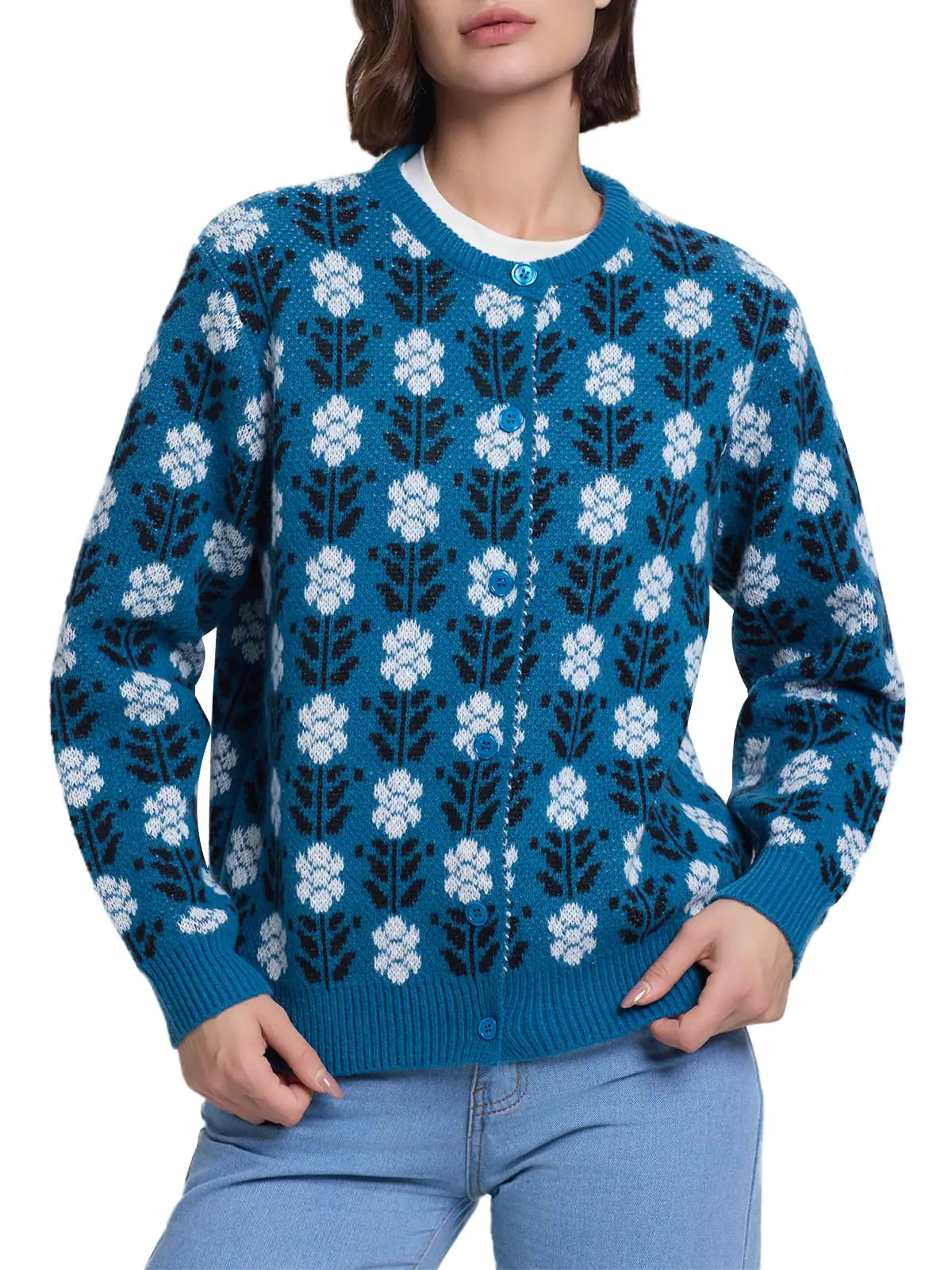 Button Down Floral Sweater. Vintage Long Sleeve Knit Jackets Coats