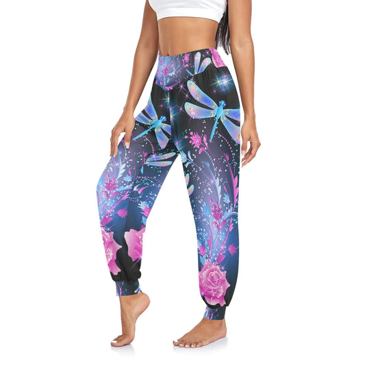 Women Boho Trousers, Dragonfly Neon Flower Sweatpants Yoga Dance Harem Pants