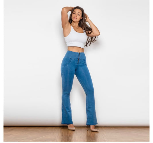 Light Blue High Waist Flared Pants for Women