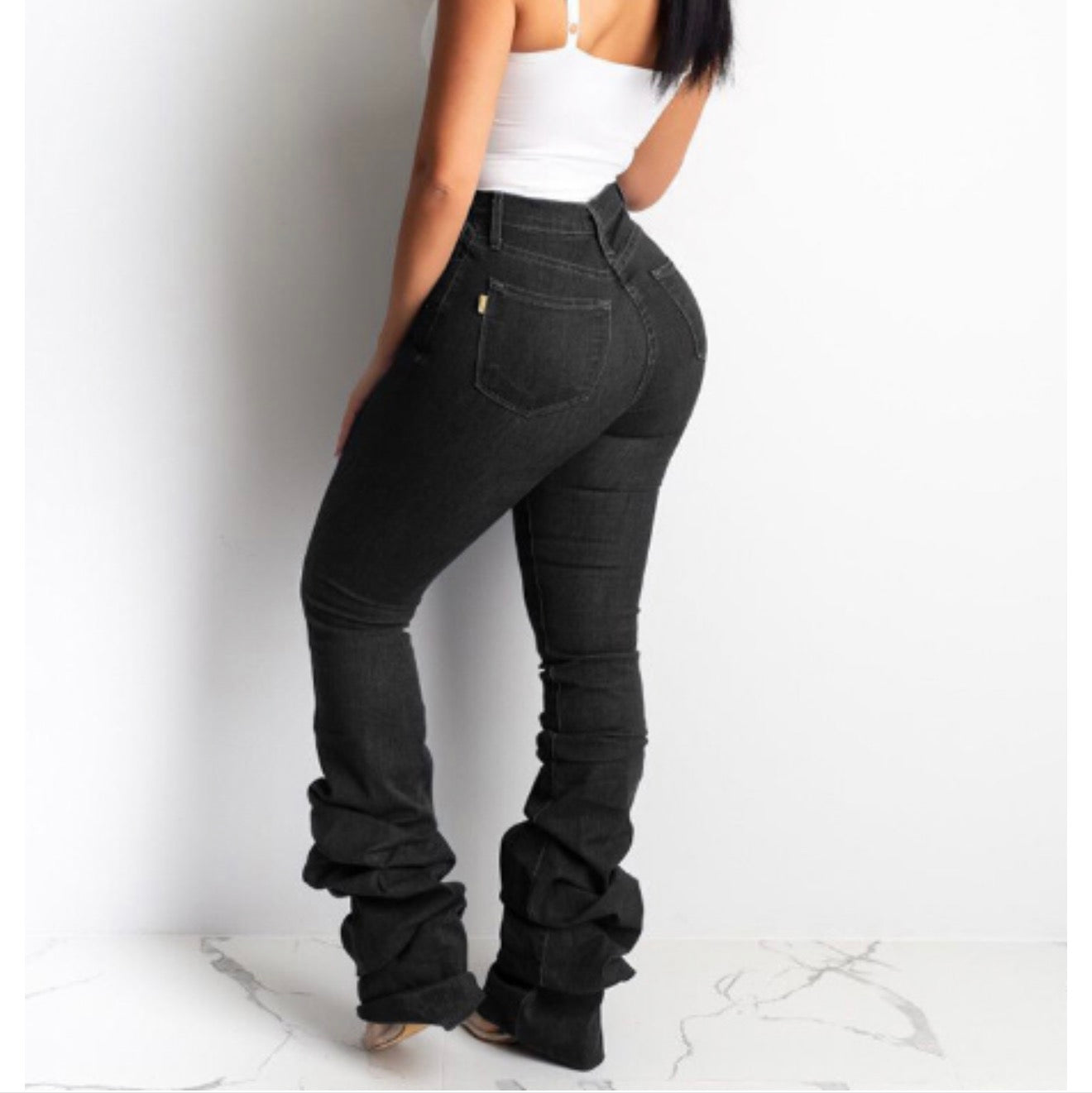 Ruched Denim Blue High Waist Stacked Pants for Women