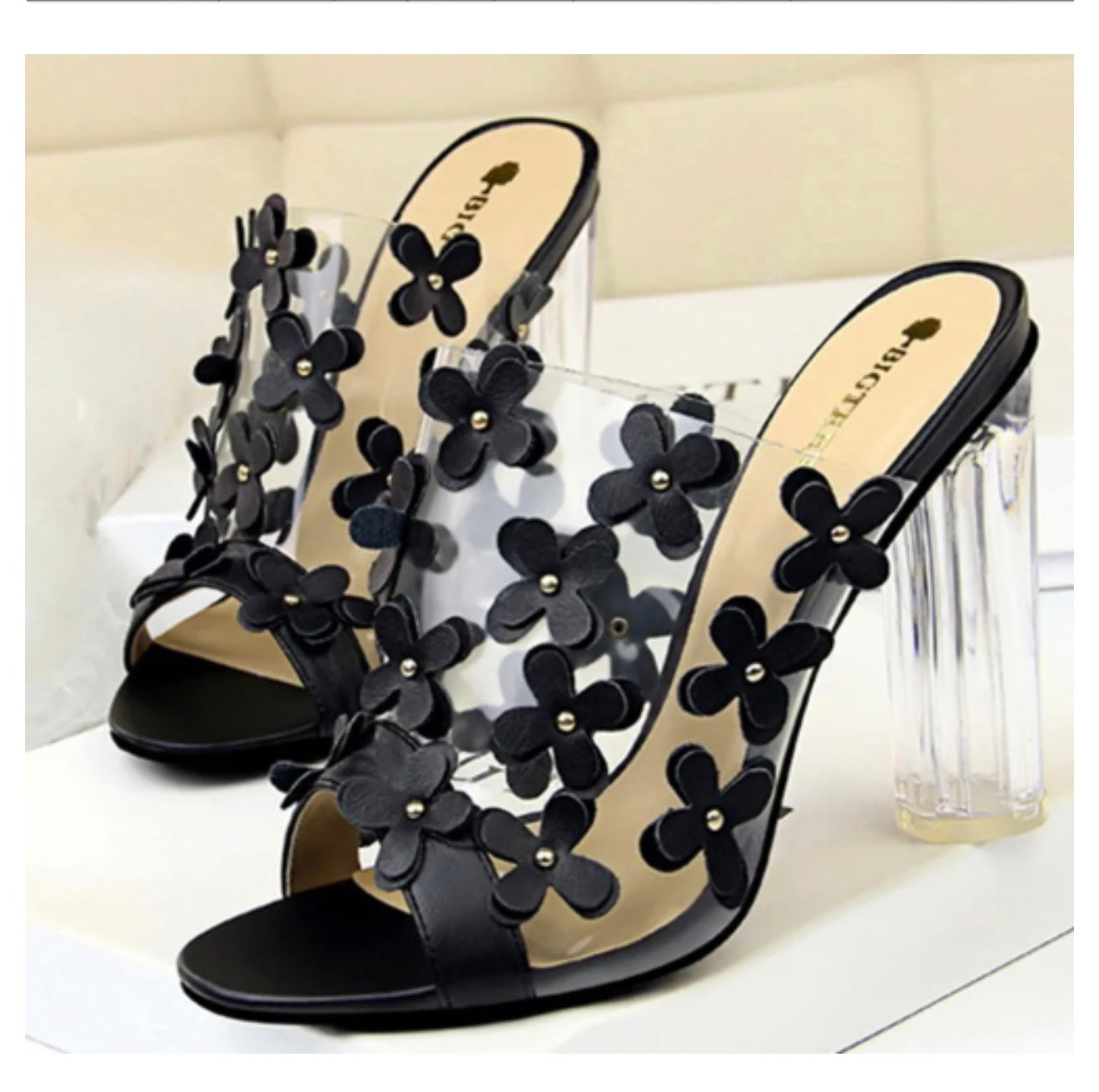Sweet Floral High Heels with Transparent Crystal Heel