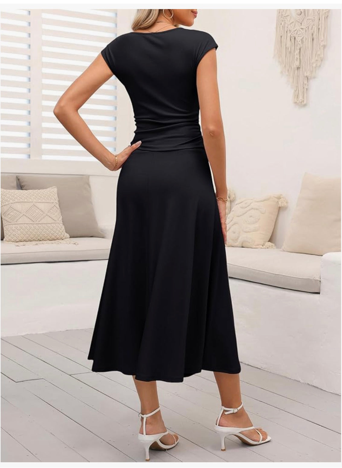 2 Piece Skirt Sets. Short Sleeve Casual Crewneck Ruched Knit Top and Summer A-Line Midi Knit skirt for Women. Elegant Solid Color