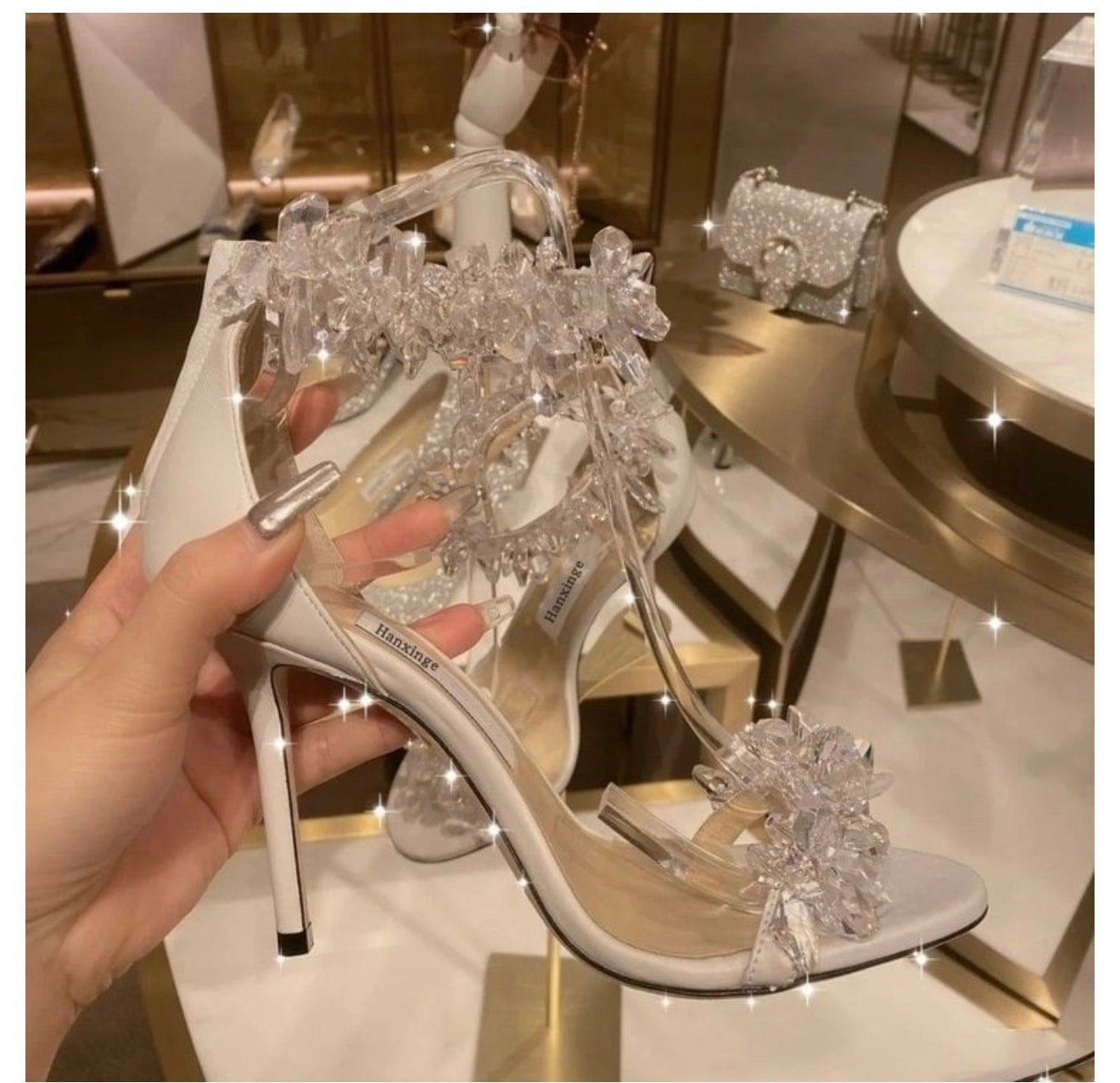 Rhinestone Flower White High Heels for Women