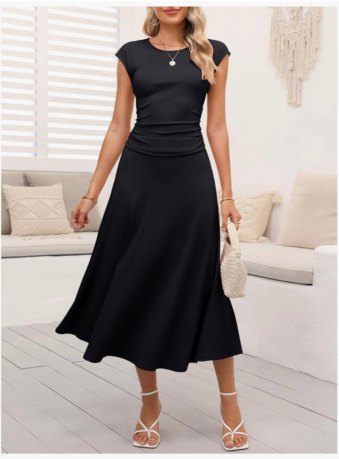 2 Piece Skirt Sets. Short Sleeve Casual Crewneck Ruched Knit Top and Summer A-Line Midi Knit skirt for Women. Elegant Solid Color
