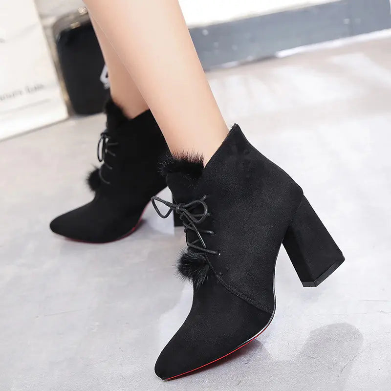 Women's Suede Low-Cut Pointed Toe Block Heels