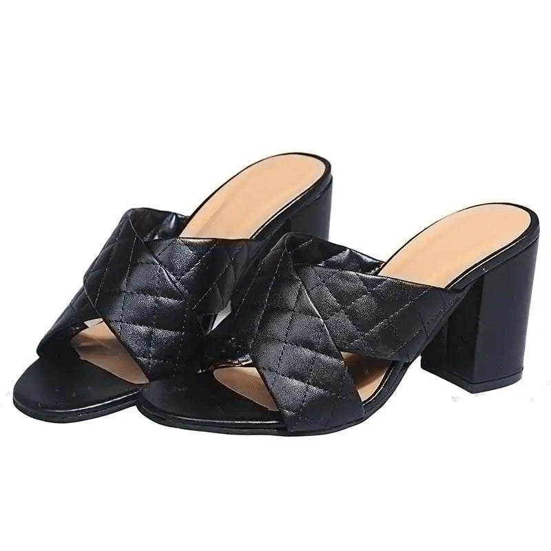 Pure Color Cross-Tail Thick Heeled High Heels
