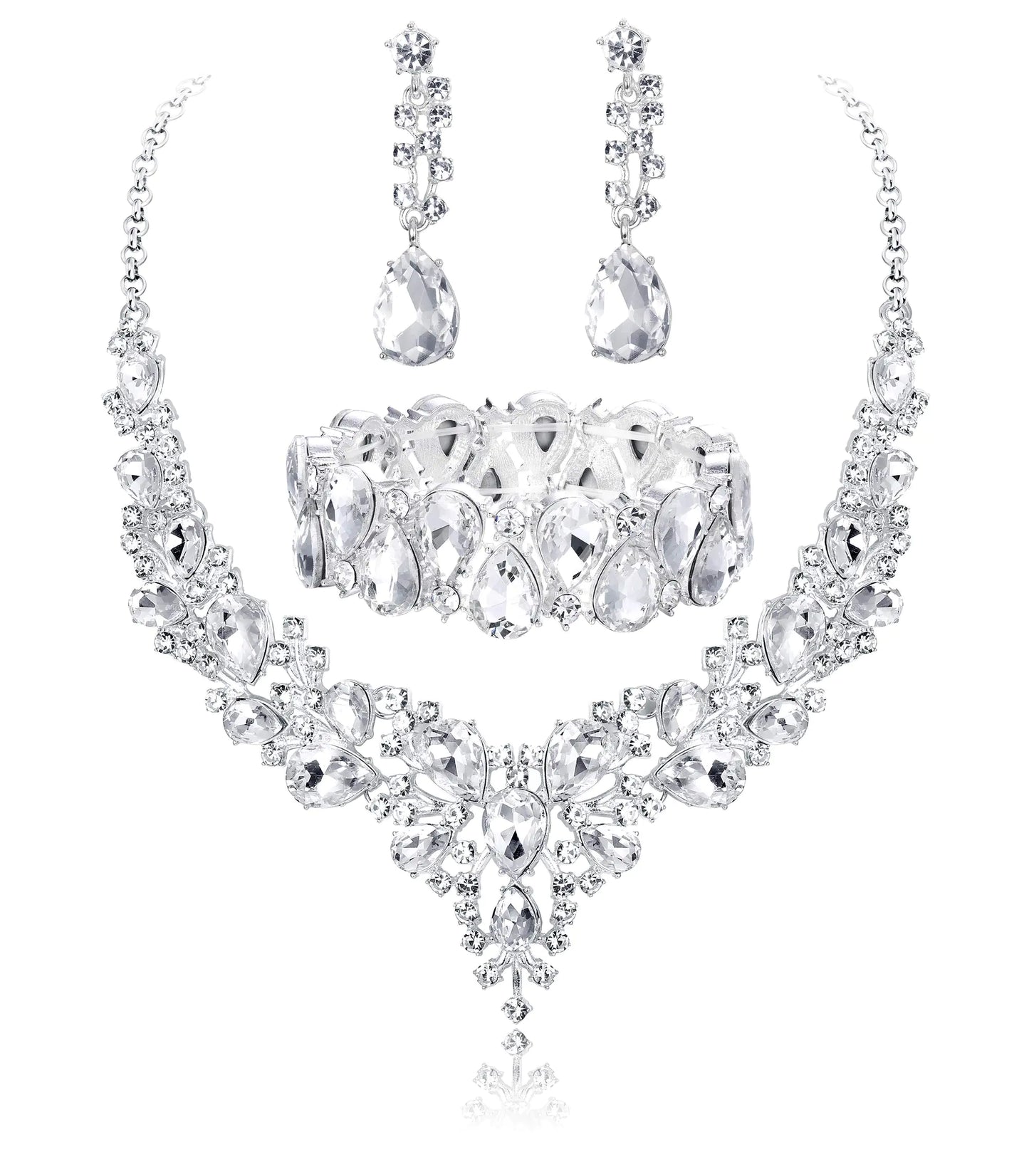 Crystal Bridal Necklace Earrings Bracelet Set for Wedding. Rhinestone Bridesmaid Gifts fit with Wedding Dress