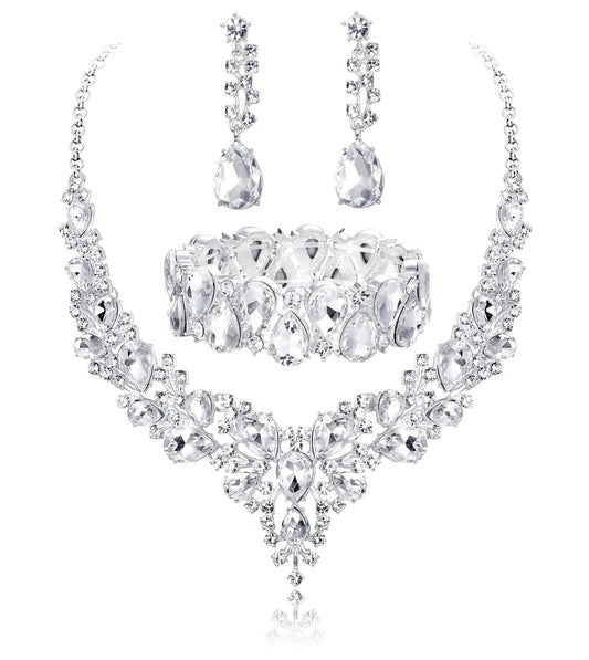 Crystal Bridal Necklace Earrings Bracelet Set for Wedding. Rhinestone Bridesmaid Gifts fit with Wedding Dress