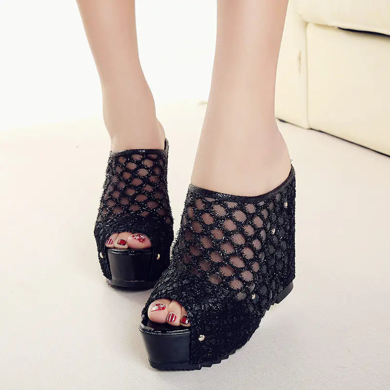 Cutout Waterproof Wedge High Heels Sandals for Women