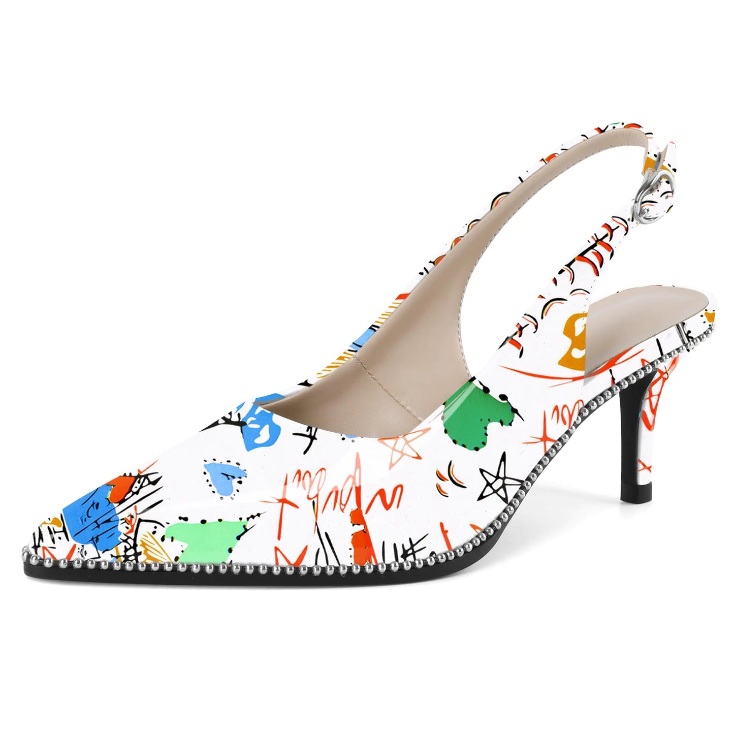 Slingback Kitten Heels for Women. Pointed Toe Low Heel Closed Toe Beaded Shoes. 2.5 Inch for Work Party, Graffiti White Size 8.5
