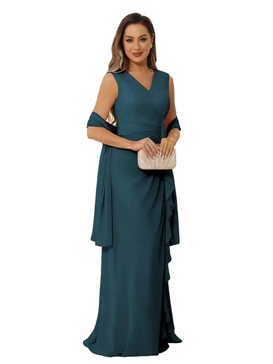 Long Chiffon Mother of The Groom/Bride Dresses. Summer V Neck Wedding Party Gowns