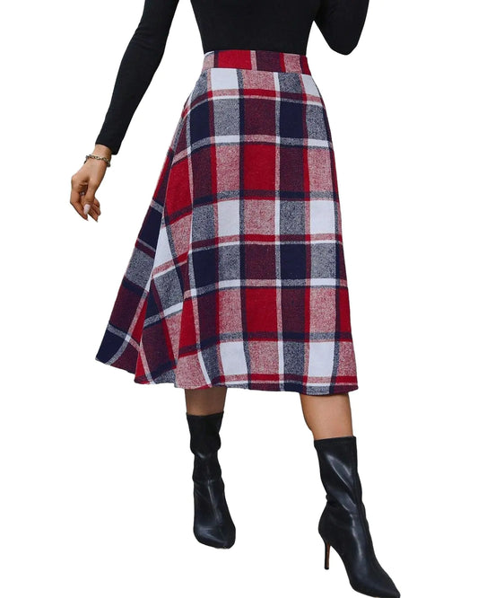 Pemieer Plaid Skirts for Women High Waist Wool Skirts A-Line Tartan Midi Skirts