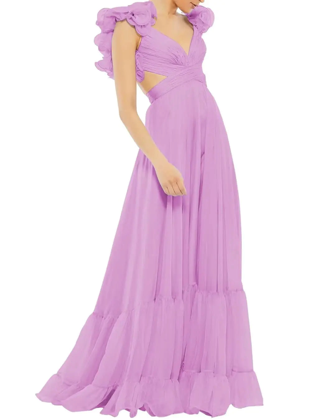 V Neck Chiffon Prom Dresses. Ruffle Backless A Line Formal Evening Party Gowns
